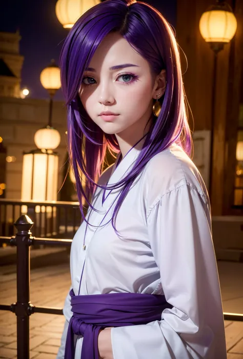 (8k, RAW photo, realistic, photo-realistic:1.5), ,(masterpiece), european girl, night, lantern festival, streaked multicolored hair, green eyes, (purple hair:1.3),  piercings, hanfu, hair over eye, makeup,  <lora:more_details:0.4>