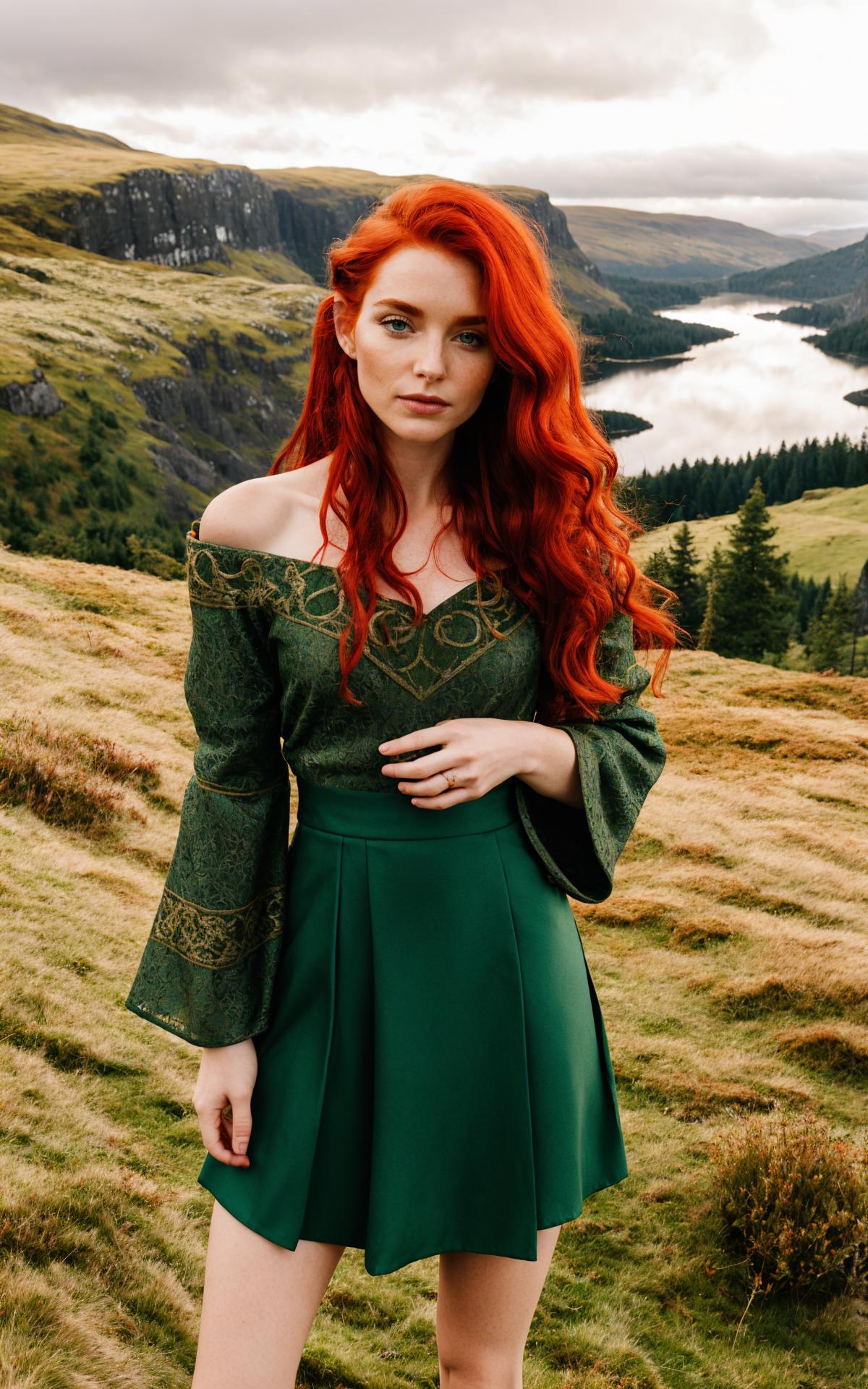 A woman with red hair and green dress standing on a hill - SeaArt AI