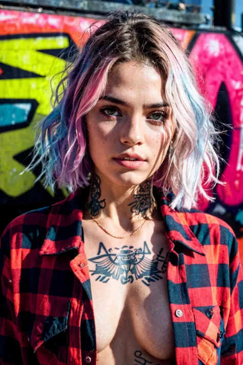 upper body portrait, raw essence of a tattoed street style icon, drenched in rebellious energy, wearing oversized flannel shirt,...