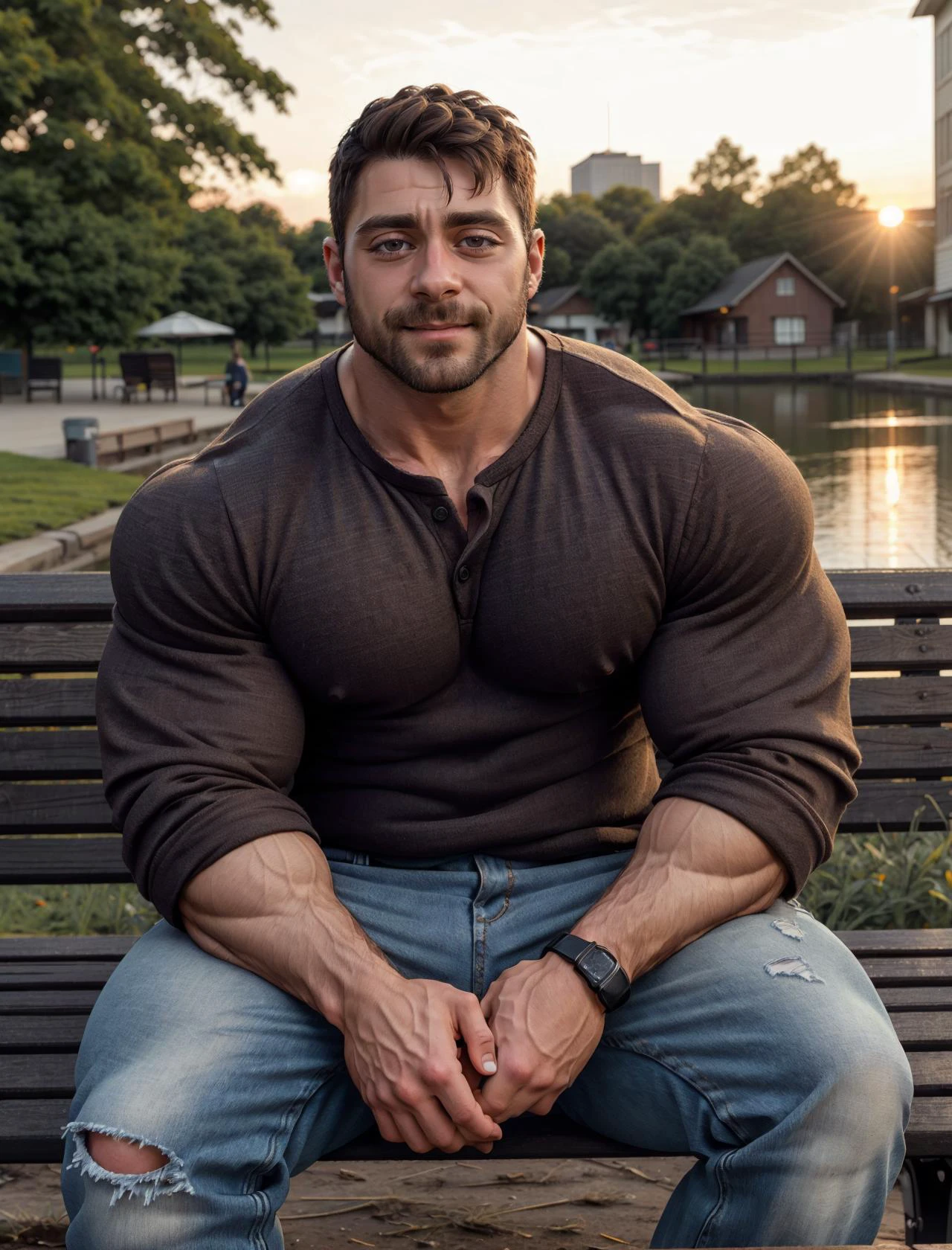 sitting on a bench, casual clothes, baggy jeans, henley, sunset background, soft smile, a cute sweet man, big brown eyes, male, realistic, professional photo 4k, high resolution, high detail, highly detailed, sharp focus, exposure blend, boltxxx