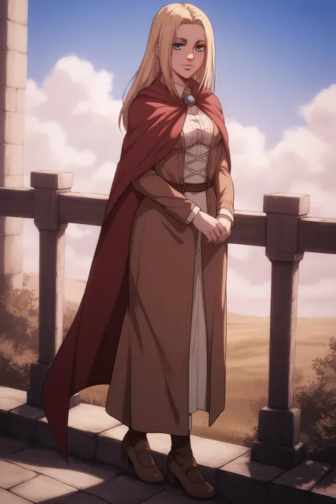 score_9, score_8_up, score_7_up, BREAK source_anime, <lora:historia reiss v2-PonyXL-lora-Faxtron:0.8> historia reiss, medium breasts, long brown dress, red cape, shoes,