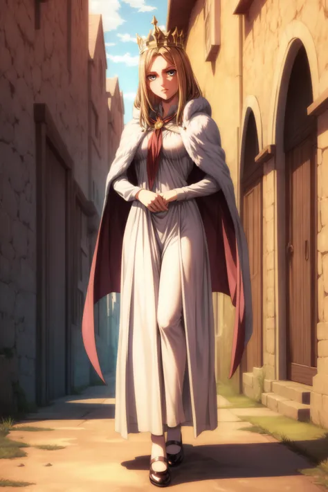 a woman in a long dress and crown walking down a street