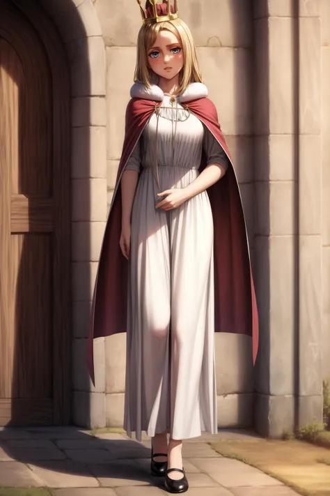 (masterpiece, best quality), <lora:historia reiss-lora-Faxtron:0.8> historia reiss, long hair, medium breasts, white dress, red cape, fur trim, crown, shoes,
<lora:add_detail:0.8>