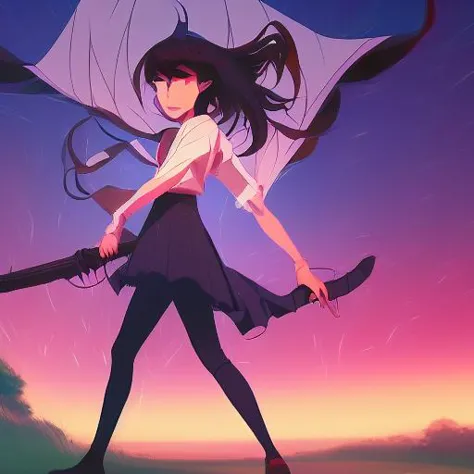 anime girl with umbrella walking in the rain with a sword