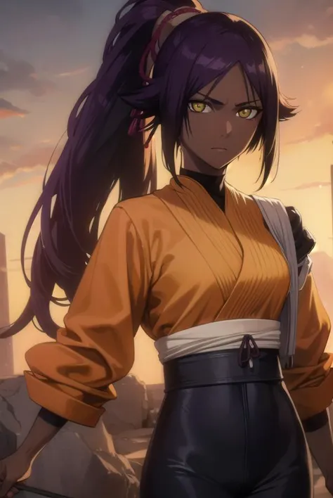 yoruichishihouin, <lora:yoruichishihouin-lora-nochekaiser:1>,
yoruichi shihouin, long hair, (yellow eyes:1.5), ponytail, purple hair, dark skin, dark-skinned female,
BREAK bodysuit, black bodysuit, bodysuit under clothes, shirt, (orange shirt:1.5), long sleeves,
BREAK outdoors,
BREAK looking at viewer, (cowboy shot:1.5),
BREAK <lyco:GoodHands-beta2:1>, (masterpiece:1.2), best quality, high resolution, unity 8k wallpaper, (illustration:0.8), (beautiful detailed eyes:1.6), extremely detailed face, perfect lighting, extremely detailed CG, (perfect hands, perfect anatomy),