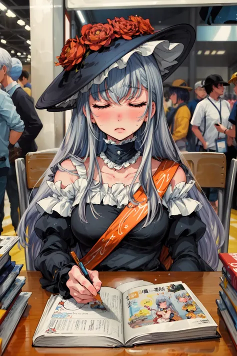 anime girl with a hat and a book sitting at a table