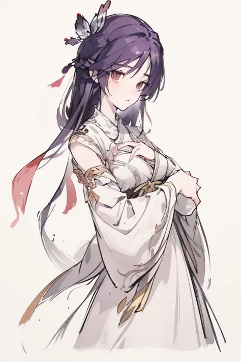 <lora:ZWyunxi:1>,yunxi,1girl,hair ornament,solo,long hair,white background,purple hair,Butterfly tiara,flower,simple background,upper body,dress,blue hair,realistic,portrait,
<lora:Freehand_Brushwork:0.4>,<lora:animeLineartMangaLike_v20Offset:0.2>,lineart,
portrait,dynamic_angle,front view,kittew,cuteg,flat chest,small_breasts,looking_at_viewer,, best quality , masterpiece, illustration, an extremely delicate and beautiful, extremely detailed ,CG,unity,8k wallpaper, Amazing, finely detail, masterpiece, best quality,official art,extremely detailed CG unity 8k wallpaper,absurdres, incredibly absurdres, huge filesize , ultra-detailed, highres, extremely detailed,beautiful detailed girl, extremely detailed eyes and face, beautiful detailed eyes,light on face,