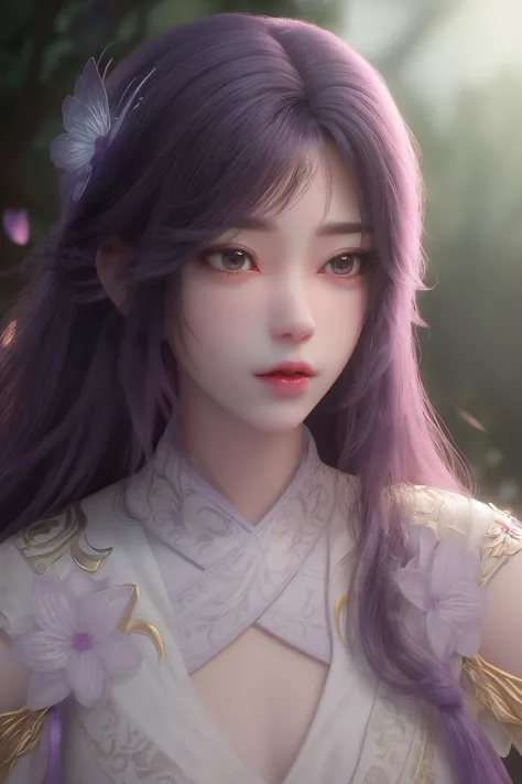 <lora:ZWyunxi:1>,yunxi,1girl,hair ornament,long hair,solo,upper body,dress,flower,night,looking at viewer,fireflies,blurry background,hair flower,white dress,tree,blurry,purple hair,
<lora:Detail Tweaker LoRA (ç»èè°æ´):0.4>,black background,, best quality , masterpiece, illustration, an extremely delicate and beautiful, extremely detailed ,CG,unity,8k wallpaper, Amazing, finely detail, masterpiece, best quality,official art,extremely detailed CG unity 8k wallpaper,absurdres, incredibly absurdres, huge filesize , ultra-detailed, highres, extremely detailed,beautiful detailed girl, extremely detailed eyes and face, beautiful detailed eyes,light on face,