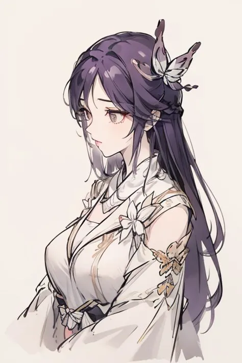 <lora:ZWyunxi:1>,yunxi,1girl,hair ornament,solo,long hair,white background,purple hair,Butterfly tiara,flower,simple background,upper body,dress,blue hair,realistic,portrait,
<lora:Freehand_Brushwork:0.4>,<lora:animeLineartMangaLike_v20Offset:0.2>,lineart,
portrait,dynamic_angle,front view,kittew,cuteg,flat chest,small_breasts,looking_at_viewer,, best quality , masterpiece, illustration, an extremely delicate and beautiful, extremely detailed ,CG,unity,8k wallpaper, Amazing, finely detail, masterpiece, best quality,official art,extremely detailed CG unity 8k wallpaper,absurdres, incredibly absurdres, huge filesize , ultra-detailed, highres, extremely detailed,beautiful detailed girl, extremely detailed eyes and face, beautiful detailed eyes,light on face,