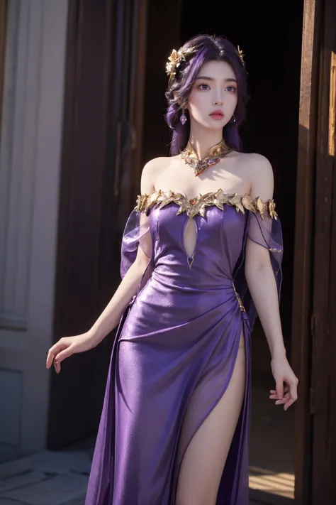 a woman in a purple dress is posing for a picture