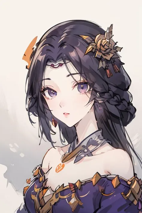 <lora:SNyunxi:1>,yunxi,1girl,solo,purple eyes,jewelry,earrings,black hair,white background,looking at viewer,Solid gold hair accessories,Gold flower headdress,hair ornament,long hair,bare shoulders,simple background,dress,braid,upper body,lips,portrait,see-through,
<lora:Freehand_Brushwork:0.3>,<lora:animeLineartMangaLike_v20Offset:0.2>,lineart,
(portrait:1.5),dynamic_angle,front view,kittew,cuteg,flat chest,small_breasts,(looking_at_viewer:1.3),, best quality , masterpiece, illustration, an extremely delicate and beautiful, extremely detailed ,CG,unity,8k wallpaper, Amazing, finely detail, masterpiece, best quality,official art,extremely detailed CG unity 8k wallpaper,absurdres, incredibly absurdres, huge filesize , ultra-detailed, highres, extremely detailed,beautiful detailed girl, extremely detailed eyes and face, beautiful detailed eyes,light on face,