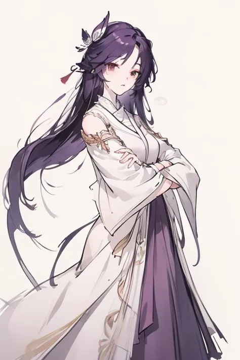 a woman in a white dress with long purple hair