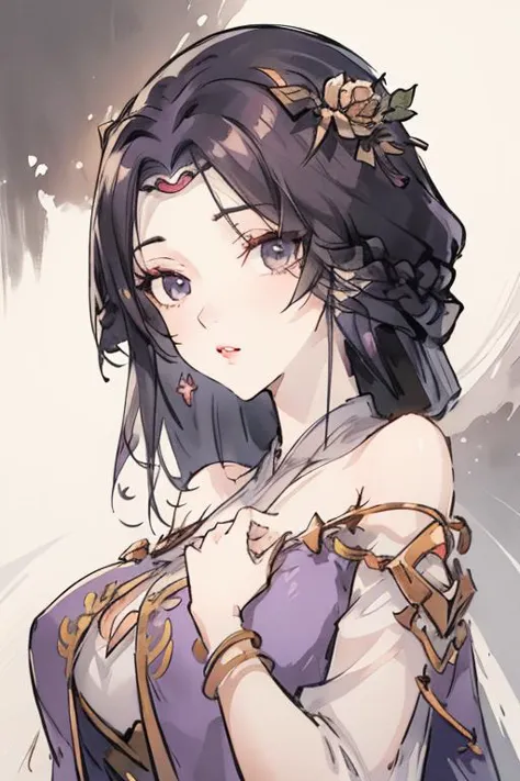 <lora:SNyunxi:1>,yunxi,1girl,solo,purple eyes,jewelry,earrings,black hair,white background,looking at viewer,Solid gold hair accessories,Gold flower headdress,hair ornament,long hair,bare shoulders,simple background,dress,braid,upper body,lips,portrait,see-through,
<lora:Freehand_Brushwork:0.3>,<lora:animeLineartMangaLike_v20Offset:0.2>,lineart,
(portrait:1.5),dynamic_angle,front view,kittew,cuteg,flat chest,small_breasts,(looking_at_viewer:1.3),, best quality , masterpiece, illustration, an extremely delicate and beautiful, extremely detailed ,CG,unity,8k wallpaper, Amazing, finely detail, masterpiece, best quality,official art,extremely detailed CG unity 8k wallpaper,absurdres, incredibly absurdres, huge filesize , ultra-detailed, highres, extremely detailed,beautiful detailed girl, extremely detailed eyes and face, beautiful detailed eyes,light on face,