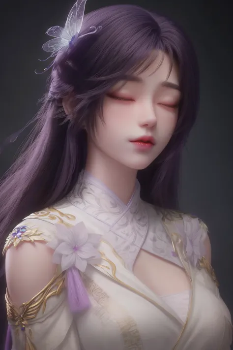 <lora:zwyunxi:1>,yunxi,1girl,closed eyes,(hair ornament:1.3),long hair,purple hair,dress,upper body,aotori,bird,white dress,solo...