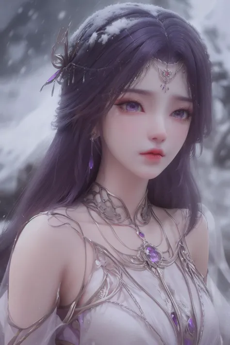 a woman with long hair and purple eyes standing in the snow