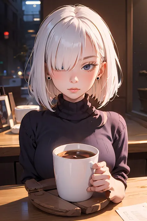 anime girl with white hair holding a cup of coffee