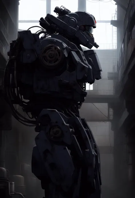 a close up of a robot standing in a building with a window