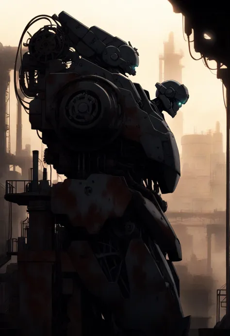 a close up of a robot standing in front of a building