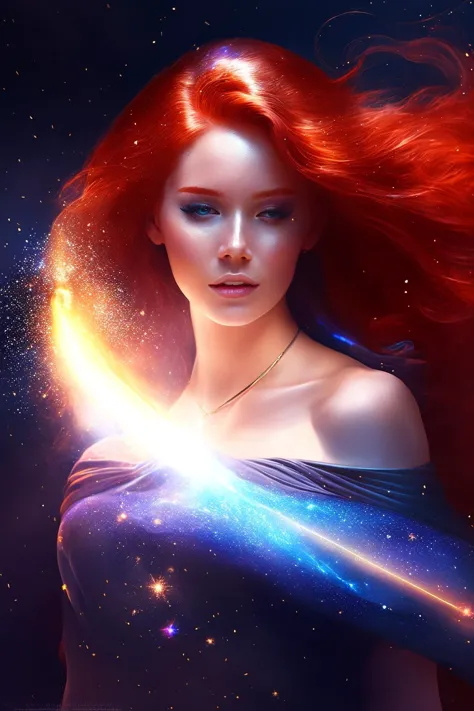 a woman with red hair and a blue dress is holding a glowing star