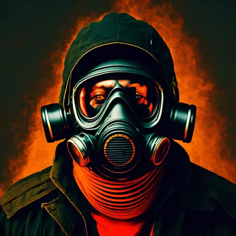 a portrait of a person in a gas mask, plain background, fire, dramatic, cinematic