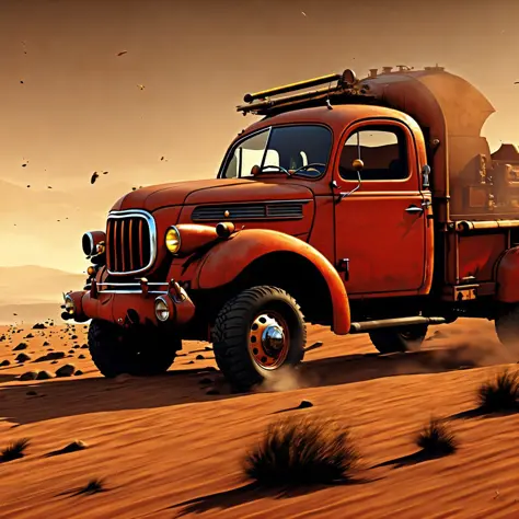 an old truck on mars, dust, red, old fashioned, pickup truck, movement