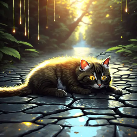 cute cat in the rain, kitten, fuzzy, soft, laying down, cobblestone road, calm, morning, light rays, rainforest