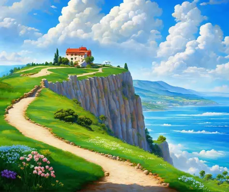 landscape, painting, cliffside path, villa in the distance, beautiful day, puffy clouds