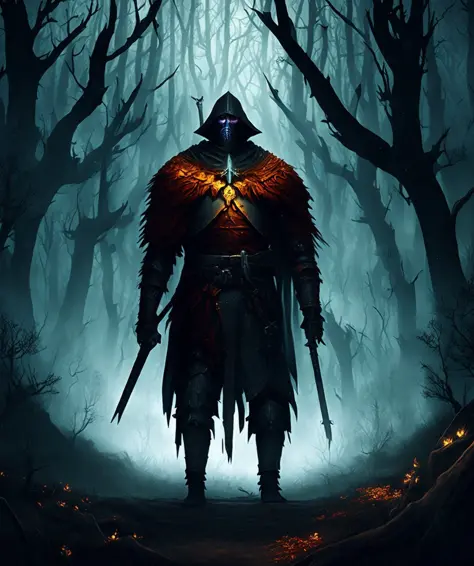 a medieval knight walking through a spooky forest, dark, cinematic, particles, dead trees, portrait, adventure, dramatic, moody,...