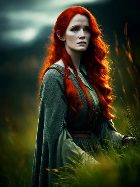 photograph, woman, red hair, peasant, cold lighting, outdoors, fantasy, picture, cinematic, bright, midmorning, overcast, grass