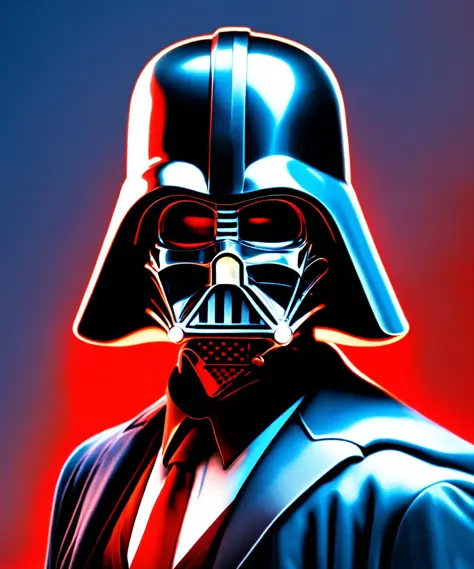 digital art, darth vader wearing a business suit, red tie, blue background, bright, highlights