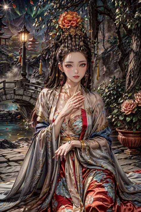 a woman in a chinese dress sitting on a stone floor