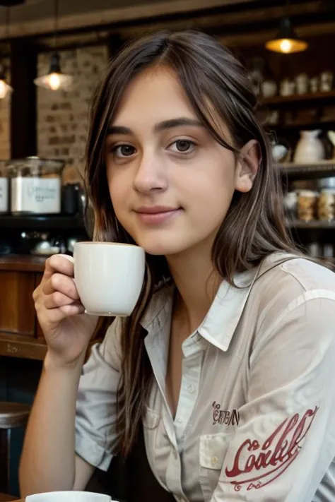 <lora:Laura:0.8>, full color portrait of a young woman, having coffee at a vintage cafe, wearing a dress shirt, natural light, R...