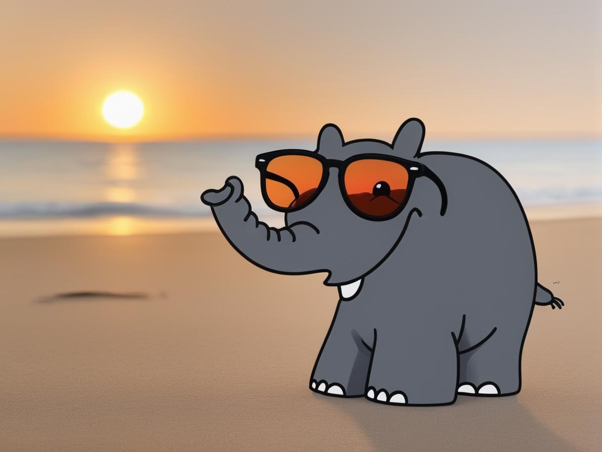 Elefante de desenho animado com óculos de sol em pé na praia ao pôr do sol  - SeaArt AI