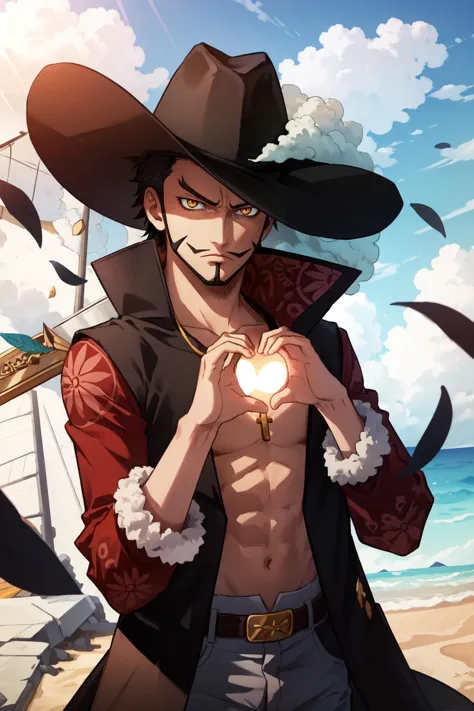 (masterpiece, best quality),  intricate details,
1boy,  <lora:ANIME_OP_dracule_mihawk_ownwaifu-10:0.8> ANIME_OP_dracule_mihawk_ownwaifu,www.ownwaifu.com,1boy,hat,facial hair,jewelry,beard,necklace,abs,black hair,yellow eyes,belt,mustache,coat,muscular,pants,pectorals,open clothes,cross,goatee,pirate hat,cross necklace,long sideburns,sideburns,cape,open coat,bare pectorals,short hair,black headwear,pendant,spiked hair,manly,toned,fur trim,stubble,latin cross,long coat,navel,jacket,open_jacket,topless male,hat_feather,white_pants,thick_eyebrows,yoru_(sword)
making a heart with hands, frown, annoyed, concrete pier, ocean, sun,