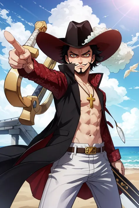 (obra maestra, mejor calidad),  detalles intrincados,
1 chico,  animado_EN_drácula_mihawk_propiowaifu,www.propiowaifu.con,1 chico,tiene,vello facial,joyas,barba,collar,abdominales,pelo negro,Ojos amarillos,cinturón,Bigote,abrigo,muscular,pantalones,pectorals,abierto clothes,cruz,barbas de chivo,pirate tiene,cruz collar,long patillas,patillas,capa,abierto abrigo,bare pectorales,cabello corto,sombreros negros,pendant,pelo de punta,varonil,tonificado,ribete de piel,rastrojo,latin cruz,long abrigo,ombligo,chaqueta,abierto_chaqueta,hombre en topless,tiene_pluma,blanco_pantalones,grueso_Cejas,Yoru_(espada)
apuntando, fruncir el ceño, enojado, concrete pier, océano, sol,