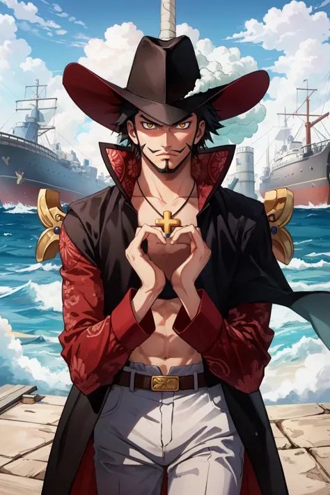 (masterpiece, best quality),  intricate details,
1boy,  <lora:ANIME_OP_dracule_mihawk_ownwaifu-10:0.8> ANIME_OP_dracule_mihawk_ownwaifu,www.ownwaifu.com,1boy,hat,facial hair,jewelry,beard,necklace,abs,black hair,yellow eyes,belt,mustache,coat,muscular,pants,pectorals,open clothes,cross,goatee,pirate hat,cross necklace,long sideburns,sideburns,cape,open coat,bare pectorals,short hair,black headwear,pendant,spiked hair,manly,toned,fur trim,stubble,latin cross,long coat,navel,jacket,open_jacket,topless male,hat_feather,white_pants,thick_eyebrows,yoru_(sword)
making a heart with hands, frown, pirate ship, ship deck, ship mast, sailing,