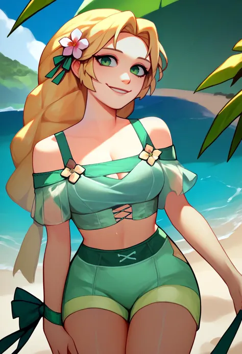 score_9, score_8_up, score_7_up, solo, 1girl, sumingrid, smile, looking at viewer, standing, bangs, hair flower, hair ornament, braided ponytail, cleavage, green bikini, off-shoulder, green shorts, green bow, beach <lora:style_qt0ri_ponyXL-000011:1> <lora:ingrid-pdxl-nvwls-v1:1>