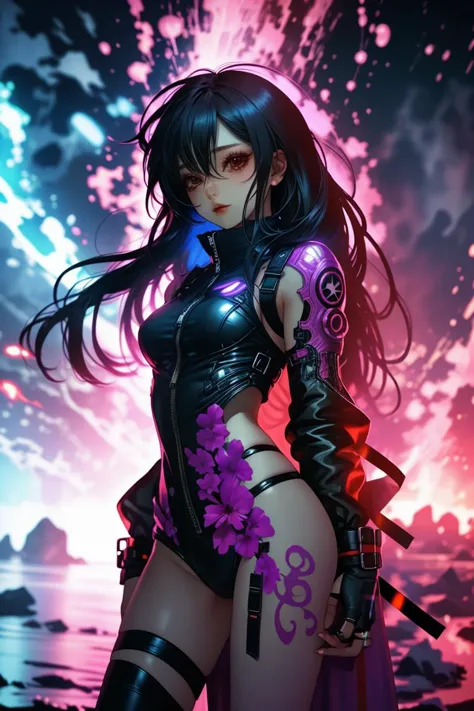 a woman in a black outfit with a sword and a purple flower