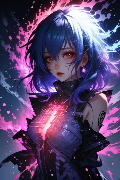 a girl with blue hair and purple hair is holding a glowing object