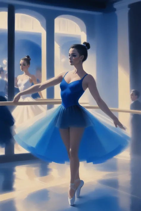 painting of a woman in a blue dress in a dance studio