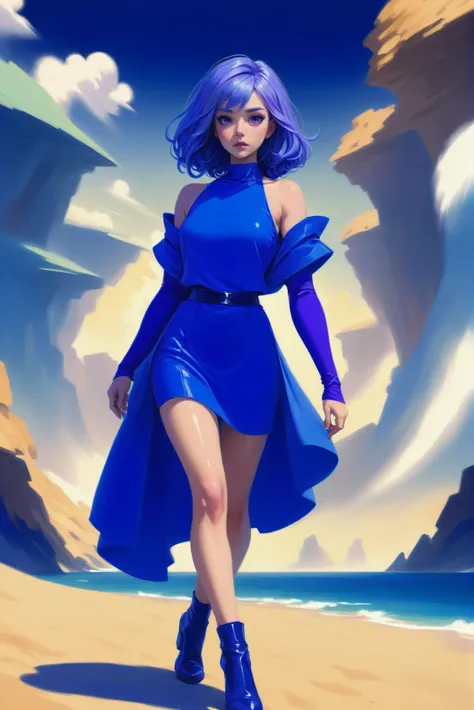 a woman in a blue dress walking on a beach