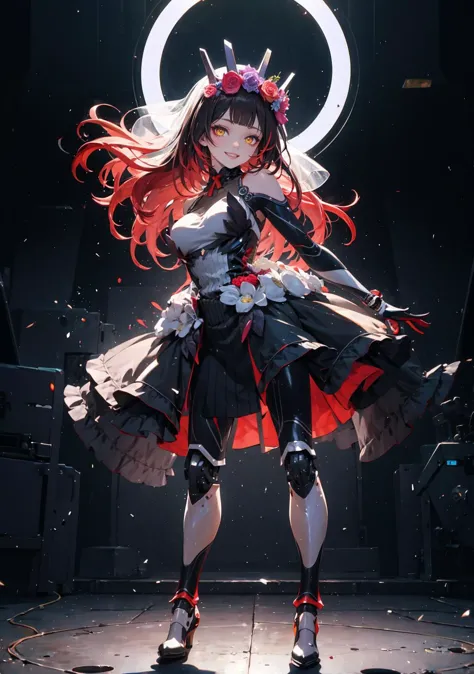 (masterpiece,best quality:1.4), high resolution, Front face lighting
xray girl, full body, little body, cute woman, highlight, fantasy scenery,
smile,
shiny skin, shiny hair, large breasts,
yellow eyes,
neon hair
ddroboco, android, long hair, gradient hair, veil, head wreath, mechanical arms, mechanical legs, black dress
stage, stage lights, dynamic pose, smile, detailed background, floating hair,
 <lora:roboco-san_v1:0.9> 
<lora:light powder:0.7>