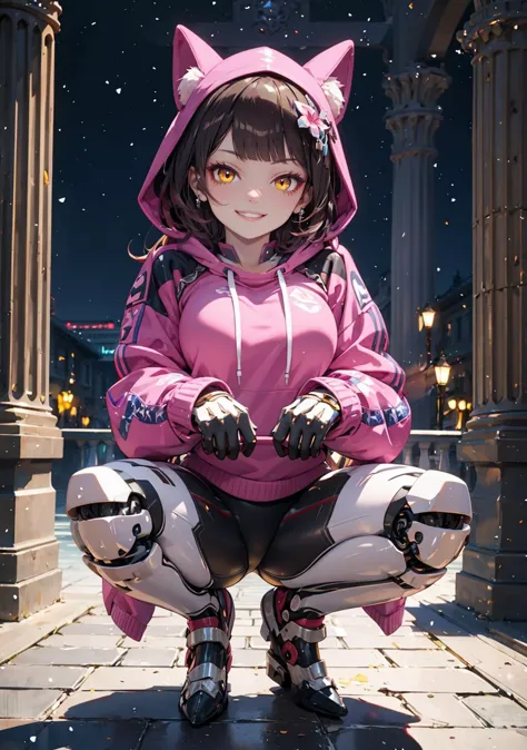 (masterpiece,best quality:1.4), high resolution, Front face lighting
1girl, full body, little body, cute woman, highlight, fantasy scenery,
smile, smug
shiny skin, shiny hair, large breasts,
squatting, spread legs,
yellow eyes,
aaroboco, android, long hair, gradient hair, mechanical arms, mechanical legs, hood, hood down, pink hoodie, long sleeves
indoors, palace, night, architecture, flag, arch, pillar,
headgear
mecha musume
mechanical parts
robot joints
mechanical arms, 
 <lora:roboco-san_v1:0.8> 
<lora:light powder:0.6>
 <lora:mecha_offset:0.7>