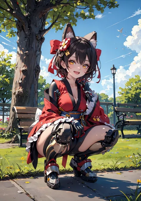 (masterpiece,best quality:1.4), high resolution, Front face lighting
1girl, full body, little body, cute woman, highlight, fantasy scenery,
smile, open mouth,
shiny skin, shiny hair, large breasts,
squatting, spread legs,
yellow eyes,
ccroboco, android, short hair, hair between eyes, gradient hair, hair ornament, hair bow, red bow, mechanical arms, mechanical legs, frills, japanese clothes, red kimono, wide sleeves, obi, sash
outdoors, tree, sky, fantasy scenery, day, grass, cloud, blue sky, bush, bench, road, fence scenery, day, grass, cloud, blue sky, bush, bench, road, fence,
headgear
mecha musume
mechanical parts
robot joints
mechanical arms, 
 <lora:roboco-san_v1:0.8> 
<lora:light powder:0.6>
 <lora:mecha_offset:0.7>