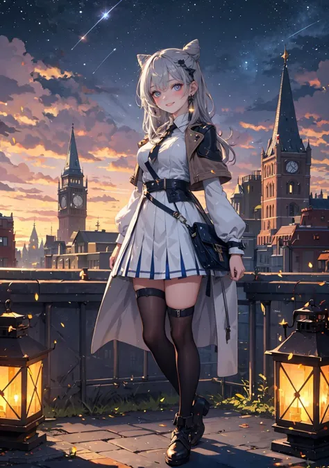 anime girl in a white dress and black boots standing on a bridge