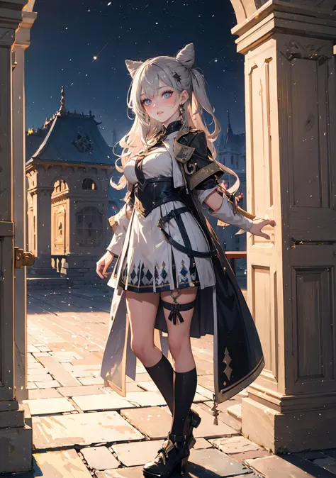 (masterpiece,best quality:1.4), high resolution, Front face lighting
xray girl, full body, little body, cute woman, highlight, fantasy scenery,
full-face blush heavy breathing
shiny skin, shiny hair, large breasts,
vestiadef, braid, cone hair bun, jacket, white dress, single thighhigh, earrings
indoors, palace, night, architecture, flag, arch, pillar,
