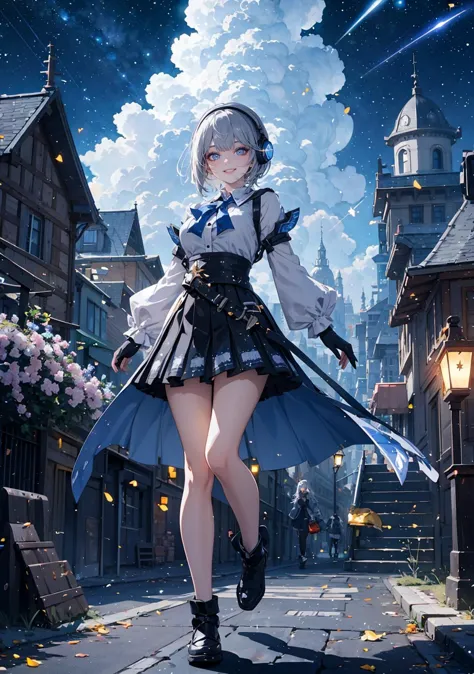 (masterpiece,best quality:1.4), high resolution, Front face lighting
xray girl, full body, little body, cute woman, highlight, fantasy scenery,
smile,
shiny skin, shiny hair, large breasts,
vestia3rd, headphones, white shirt, blue bow, long sleeves, fingerless gloves, black skirt
outdoors, fantasy scenery, sky, cloud, light particles, star (sky), building, tree, glowing, starry sky, city, night,
