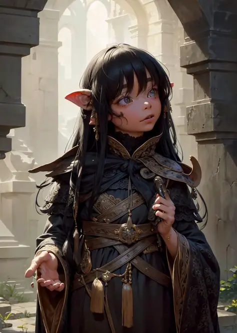 <lora:gelflingmacho:1>,most beautiful artwork in the world, gelfling,black hair long, realistic, intricate detail, nostalgia, Intricate, High Detail, Sharp focus, dramatic,