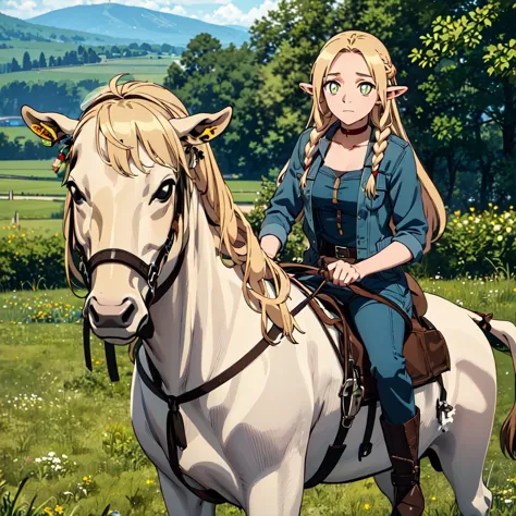 masterpiece,best quality,1girl,solo,marcillessa,red choker,<lora:Dungeon_Marcille_SSA_V1:1>,detailed and beautiful eyes,(cowboy shot:1.2),riding on the back of a cow in a denim suit,countryside,countryside,