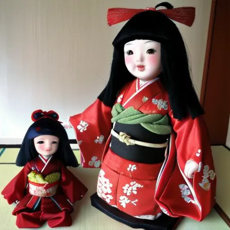 doll and doll sitting on a table in a room